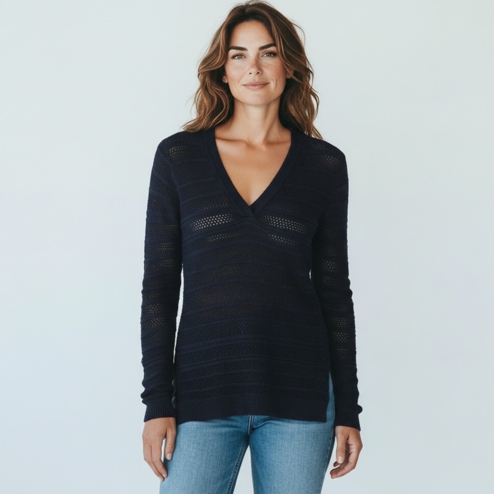 Michael Kors Cotton V Neck Open‎ Knit Lightweight Sweater High Low Slit Hem Knit